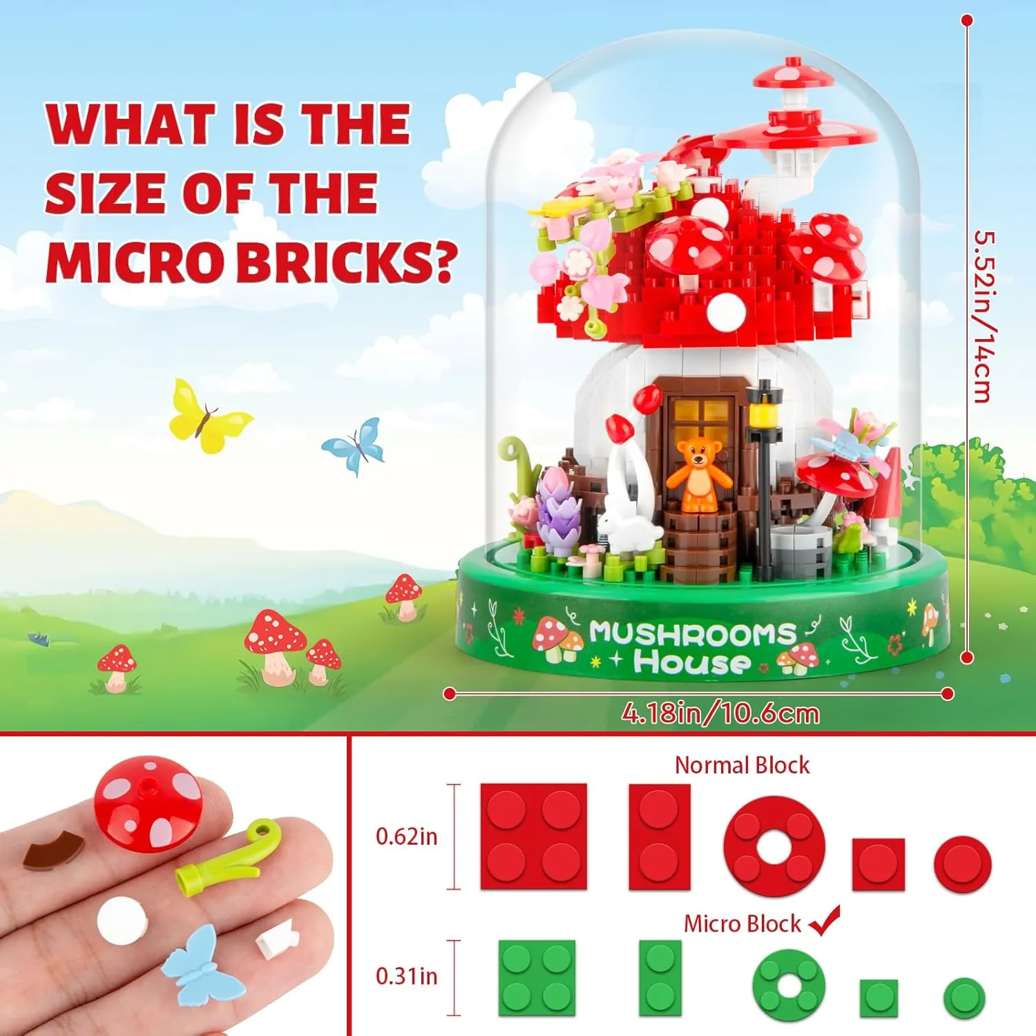 Mushroom House Building Set, Creative Mushroom Flower House Model Kits with Dust Cover, 645PCS Micro Bricks Collectible Ideals Gifts for Kids Adults 8 