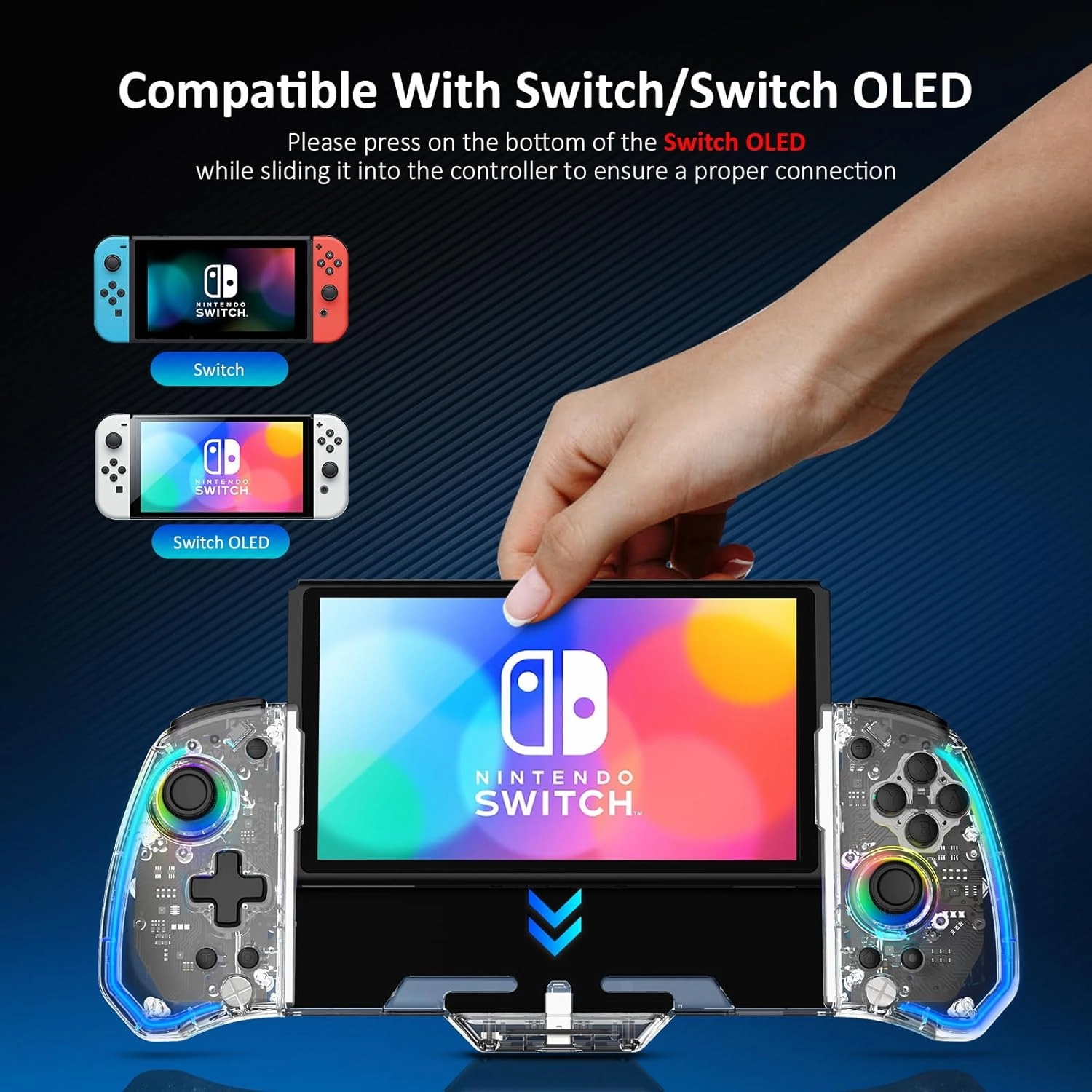 NexiGo Gripcon (Gen 2), No Deadzone, Enhanced Switch/Switch OLED Controller for Handheld Mode, Adjustable LED Light, Ergonomic Design, 6-Axis Gyro, Turbo, Mapping, Clear Ice