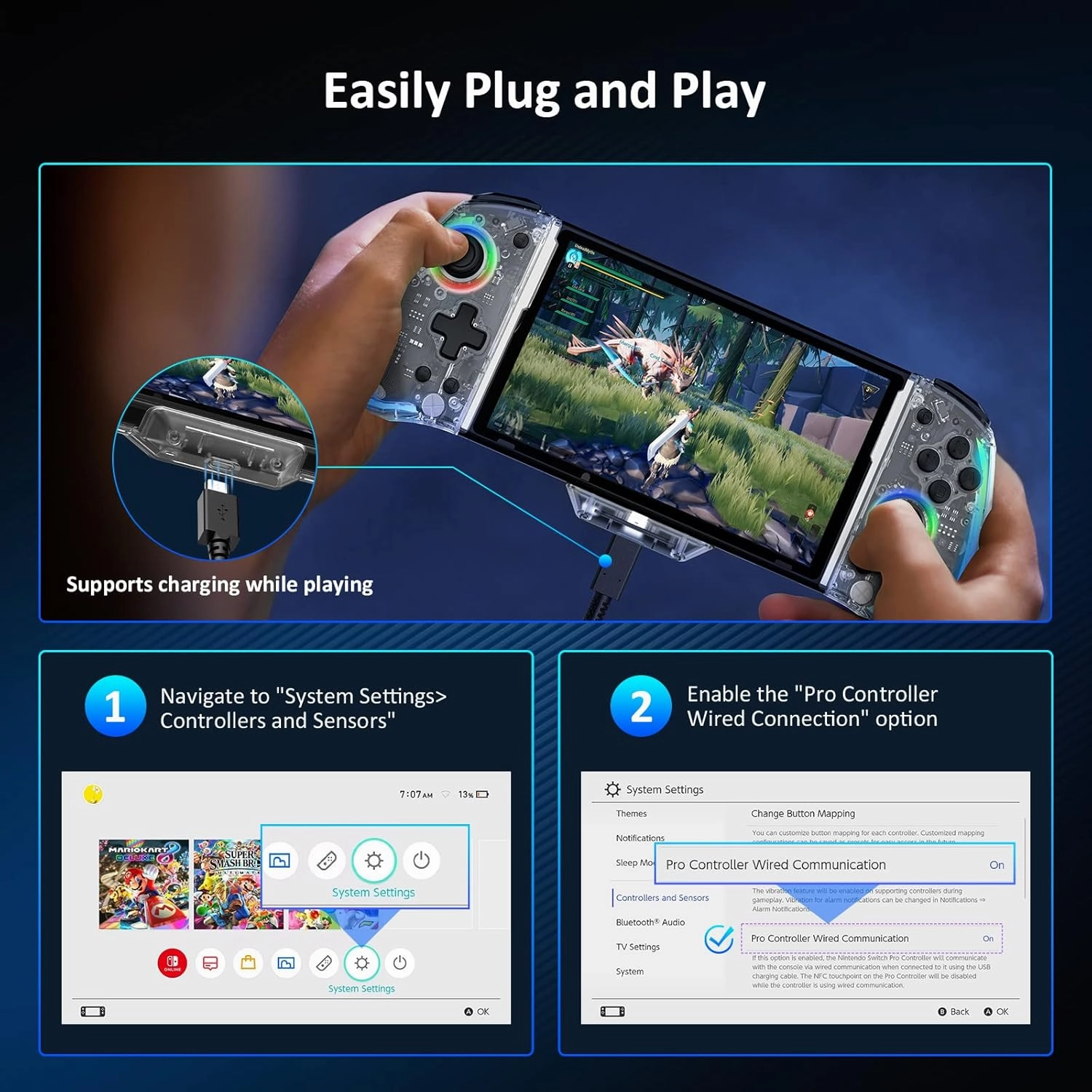 NexiGo Gripcon (Gen 2), No Deadzone, Enhanced Switch/Switch OLED Controller for Handheld Mode, Adjustable LED Light, Ergonomic Design, 6-Axis Gyro, Turbo, Mapping, Clear Ice