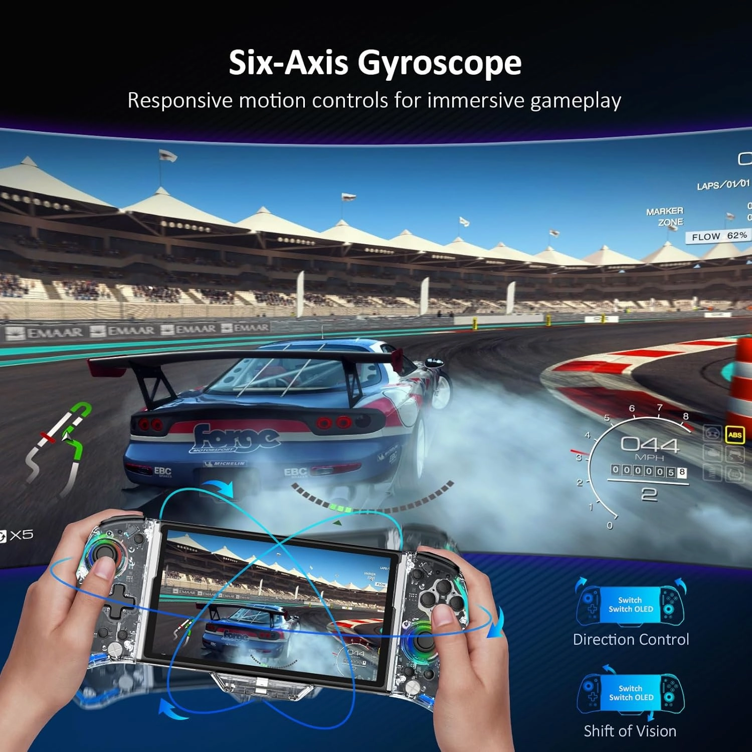 NexiGo Gripcon (Gen 2), No Deadzone, Enhanced Switch/Switch OLED Controller for Handheld Mode, Adjustable LED Light, Ergonomic Design, 6-Axis Gyro, Turbo, Mapping, Clear Ice