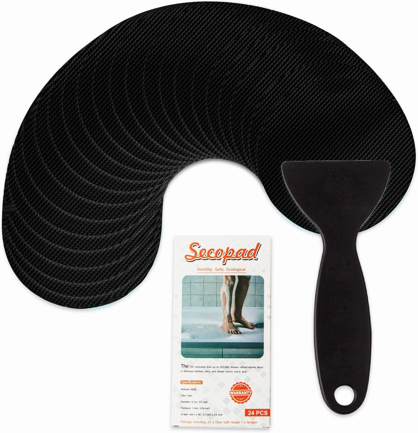 Non-Slip Bathtub Stickers, 24 PCS Safety Bathroom Tubs Showers Treads Adhesive Decals Scraper (Black)