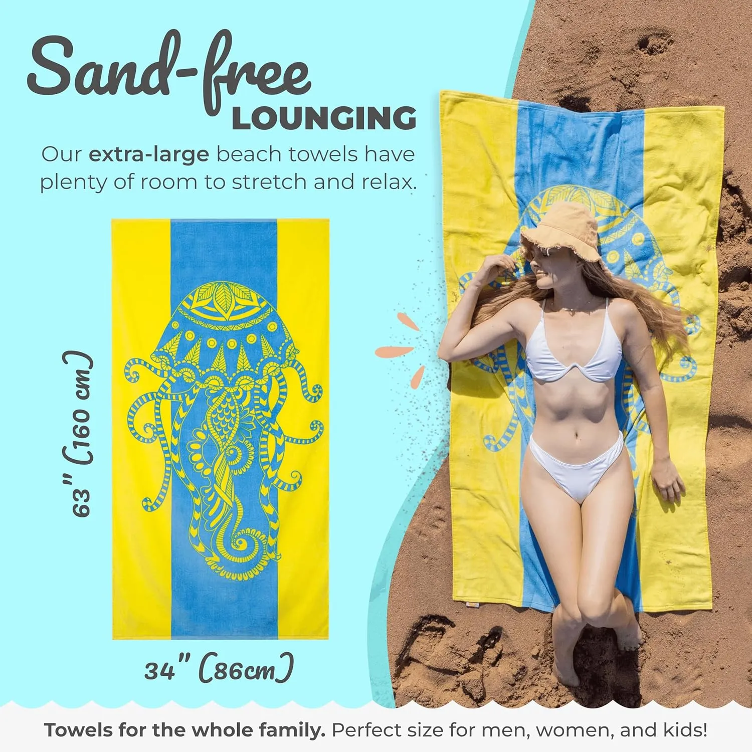 Nova Blue Jellyfish Beach Towel – Tropical Blue & Yellow Colors with A Unique Design, Extra Large, XL (34”x 63”) Made from 100% Cotton