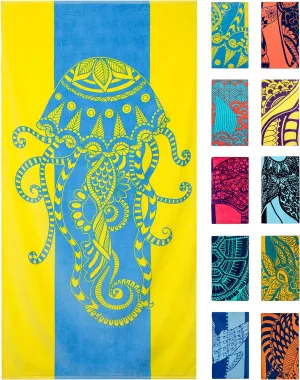 Nova Blue Jellyfish Beach Towel – Tropical Blue & Yellow Colors with A Unique Design, Extra Large, XL (34”x 63”) Made from 100% Cotton