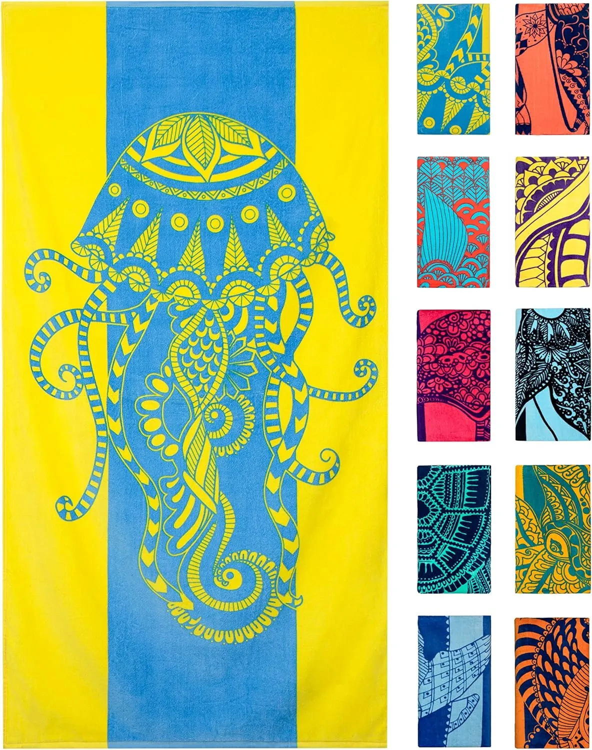 Nova Blue Jellyfish Beach Towel – Tropical Blue & Yellow Colors with A Unique Design, Extra Large, XL (34”x 63”) Made from 100% Cotton