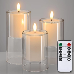 NURADA Flameless Candles with Remote Timer - Glass Real Wax 3D Wick LED Pillar Votive Candle Set Battery Operated Flickering Light for Home Christmas Decoration - White 3 Pack