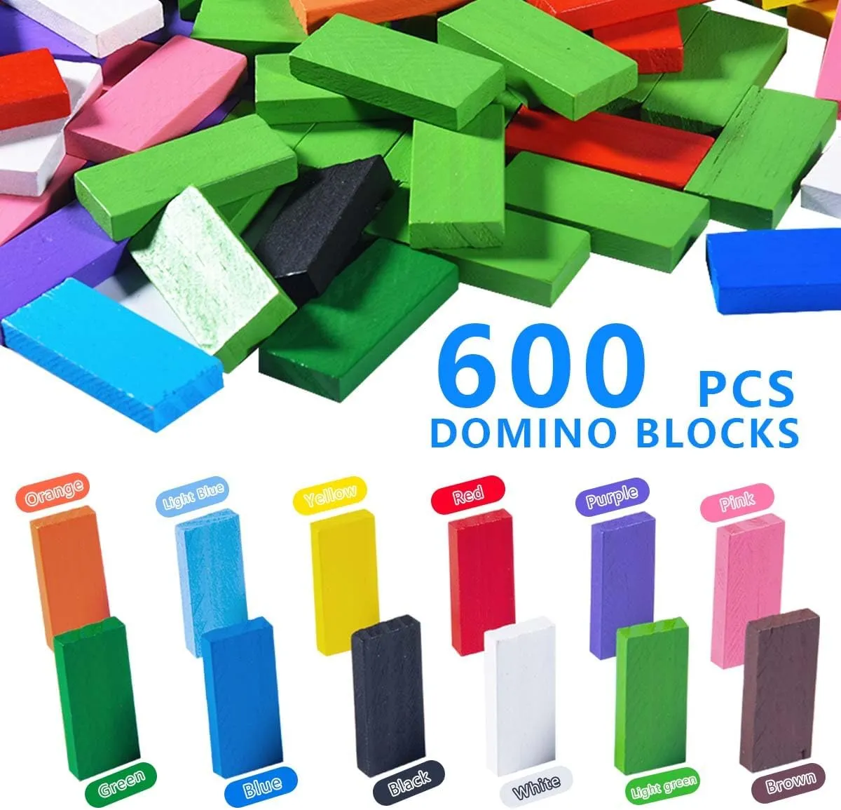 OBTANIM 600 Pcs Colorful Wooden Domino Blocks Set Tile Bulk Building Racing Stacking Games Educational Toys for Kids Birthday Party Favor