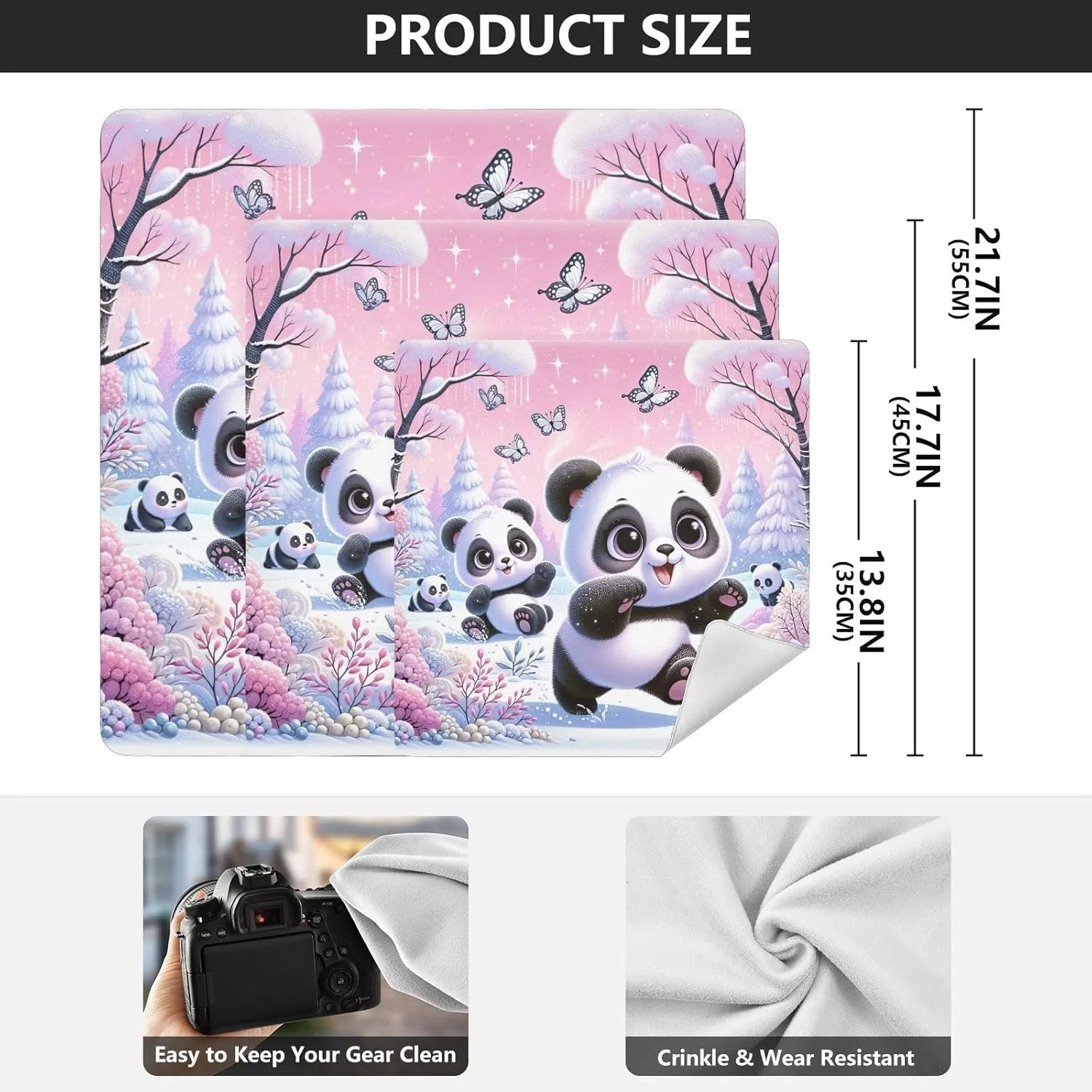ODAWA Foldable Protective Wrap Cute Pandas Playing Pink Self Adhesive Cloth 17.7"x17.7" Magic Self-Adhesive Cloth for Camera, Lens, Laptop