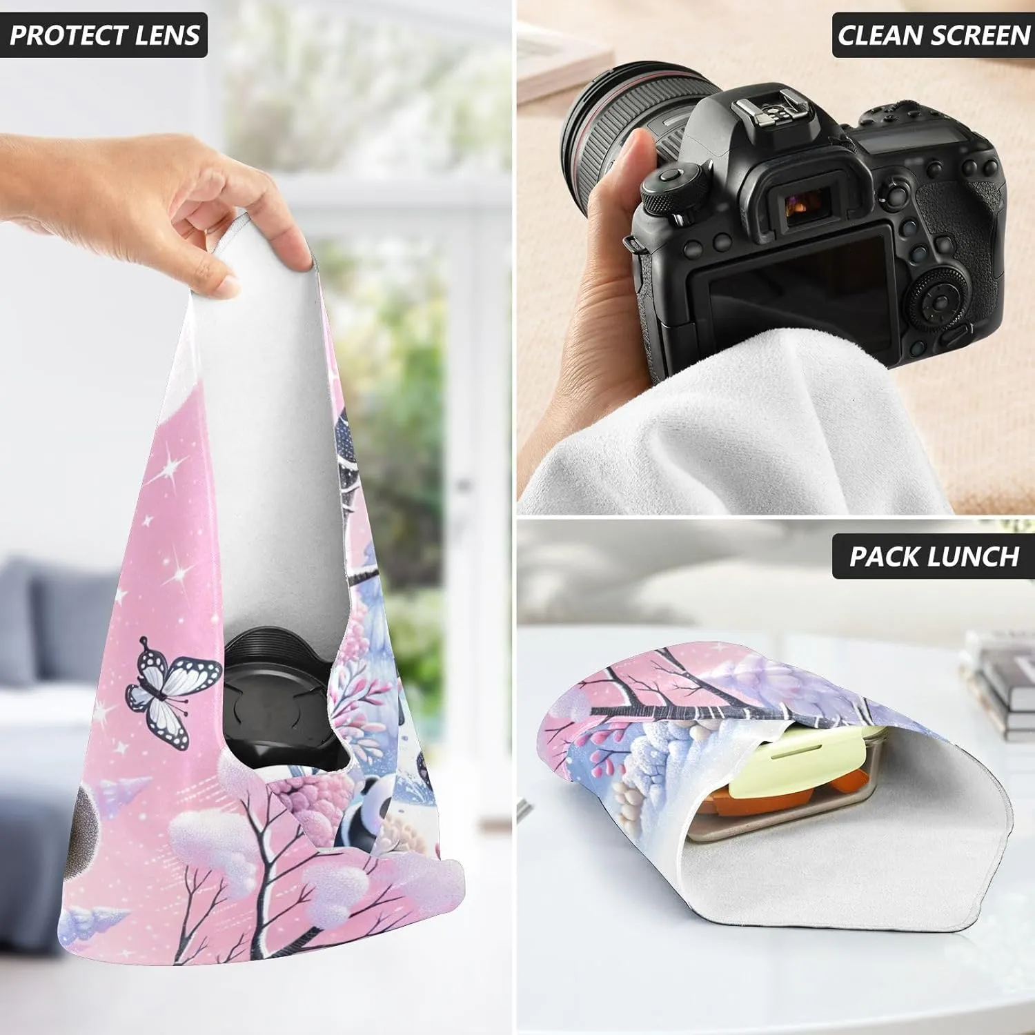 ODAWA Foldable Protective Wrap Cute Pandas Playing Pink Self Adhesive Cloth 17.7"x17.7" Magic Self-Adhesive Cloth for Camera, Lens, Laptop