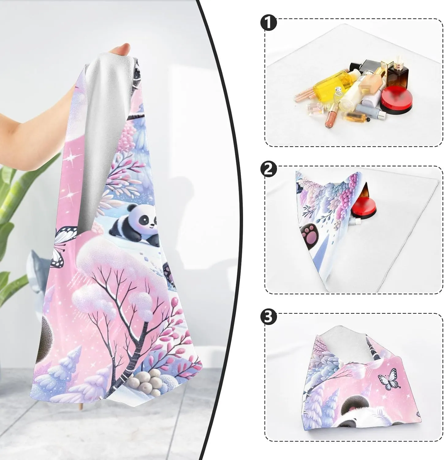 ODAWA Foldable Protective Wrap Cute Pandas Playing Pink Self Adhesive Cloth 17.7"x17.7" Magic Self-Adhesive Cloth for Camera, Lens, Laptop