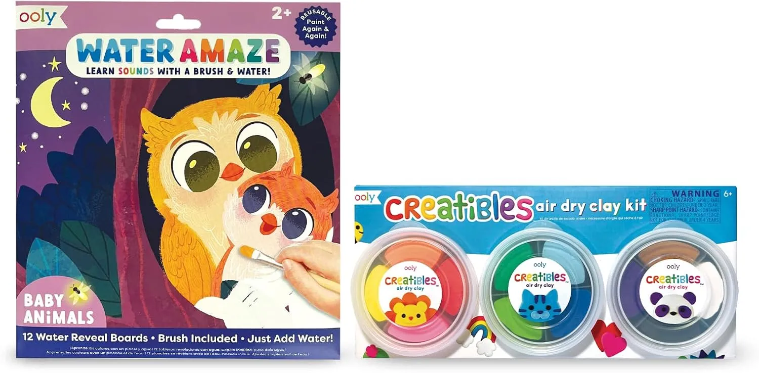 Ooly Water Amaze Includes 12 Reveal Boards & Brush Reusable Water Reveal Pads for Kids [Baby Animals] & Creatibles, 12 Colors Air Dry Clay Kit for Kids Craft, Modeling Clay with 3 Shaping Tools