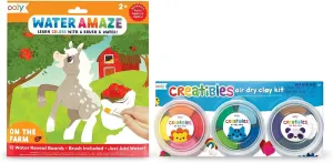 Ooly Water Amaze Includes 12 Reveal Boards & Brush Reusable Water Reveal Pads [On The Farm] & Creatibles, 12 Colors Air Dry Clay Kit for Kids Craft, Modeling Clay with 3 Shaping Tools