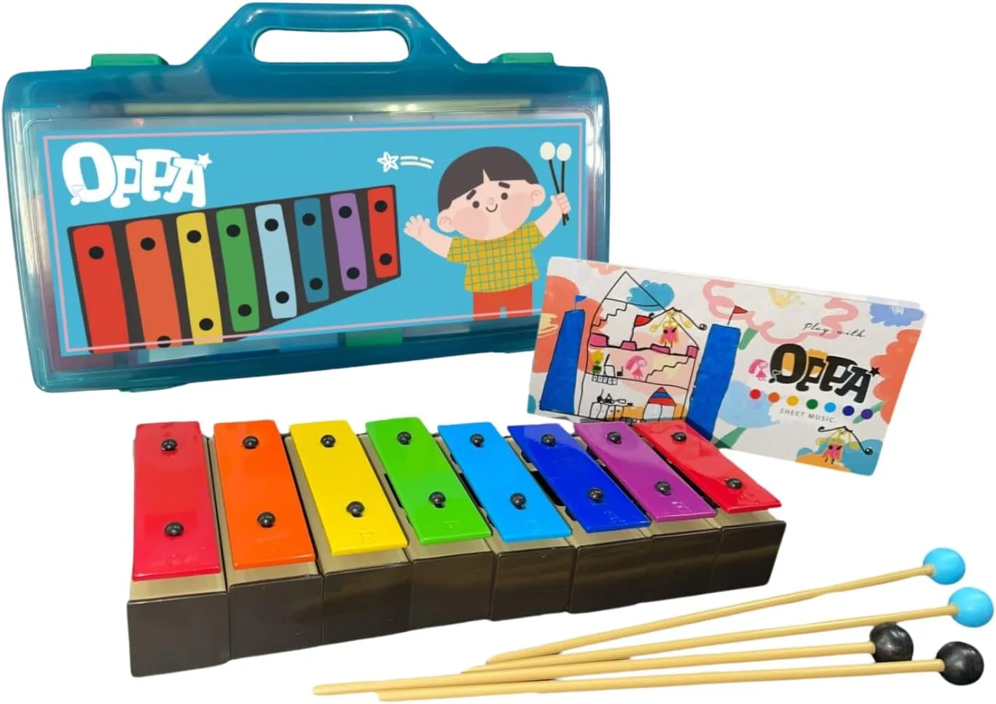 OPPA Kids' 8-Note Resonator Bells with Soft & Hard Mallets, Colorful Song Sheets, Detachable Keys & Blue Case – Inspire Musical Play