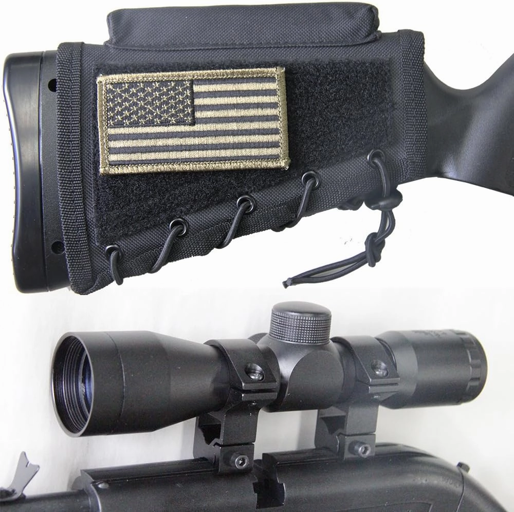 Optics Kit with Compact 4x30 Magnified Rifle Scope   Dovetail Ring Mounts   Cheek Rest with Patriot Flag Morale Patch - Fits Crosman 760 Pumpmaster Repeatair Powermaster 1077 Air Rifles