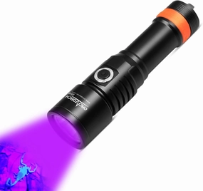 ORCATORCH D530 Scuba Dive Light, 395NM LED UV Light Blacklight, 8 Degrees Narrow Beam Angle, Titanium Alloy Side Button Switch, 2 Lighting Modes with Battery Indicator for Underwater 150 Meters Diving