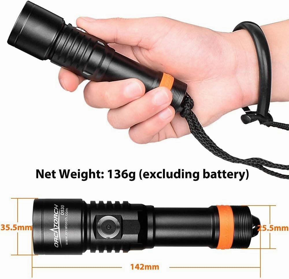 ORCATORCH D530 Scuba Dive Light, 395NM LED UV Light Blacklight, 8 Degrees Narrow Beam Angle, Titanium Alloy Side Button Switch, 2 Lighting Modes with Battery Indicator for Underwater 150 Meters Diving