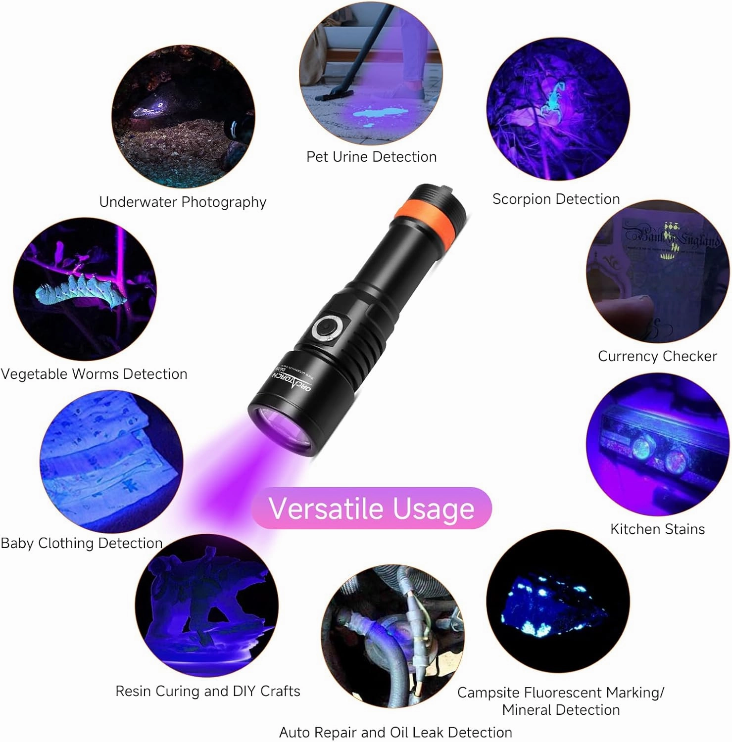 ORCATORCH D530 Scuba Dive Light, 395NM LED UV Light Blacklight, 8 Degrees Narrow Beam Angle, Titanium Alloy Side Button Switch, 2 Lighting Modes with Battery Indicator for Underwater 150 Meters Diving