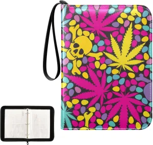 OTVEE Card Binder Colorful Cannabis Leafs with Skulls Trading Card Album with 50 Removable Sleeves Fits 400 Cards