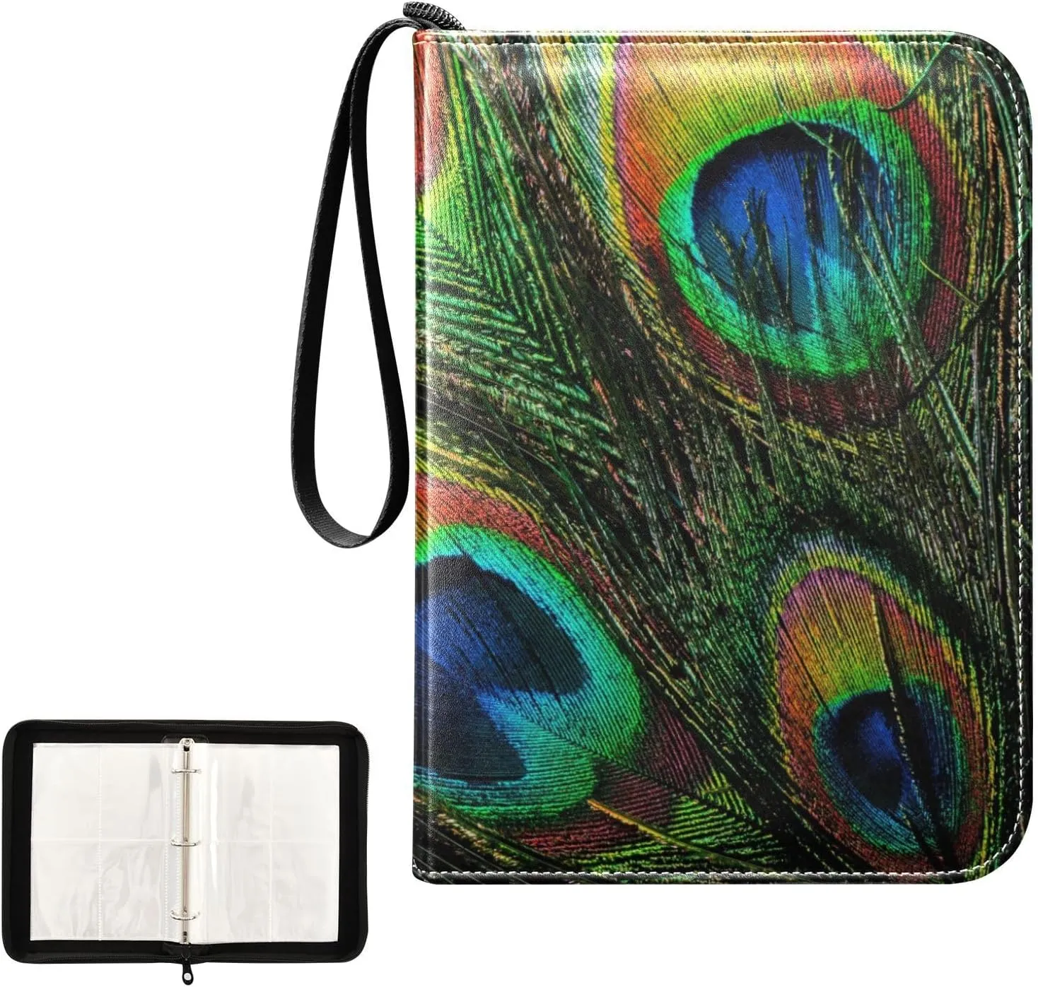 OTVEE Card Binder Colorful Peacock Feathers Trading Card Album with 50 Removable Sleeves Fits 400 Cards