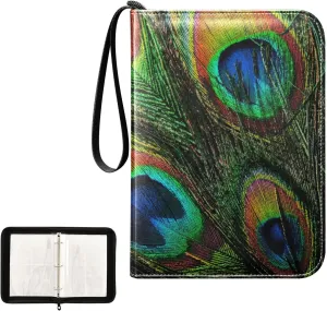 OTVEE Card Binder Colorful Peacock Feathers Trading Card Album with 50 Removable Sleeves Fits 400 Cards