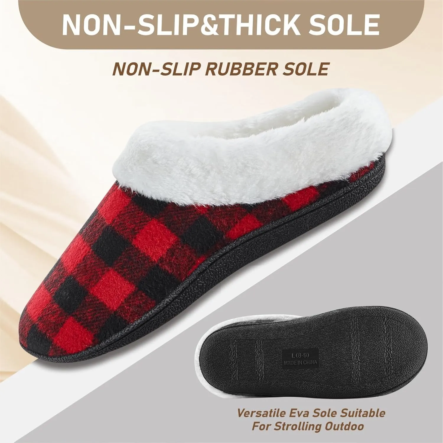 Outdoor Cotton Slippers for Women,Soft Warm Slippers with Fuzzy Plush Lining and Collar,Winter Non Slip and Wear-Resistant Slippers
