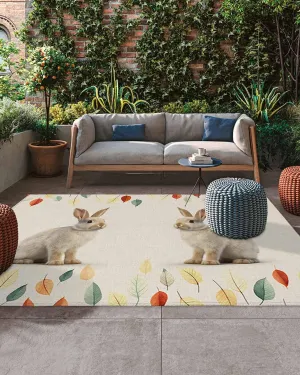 Outdoor Rug 4x6 Ft Patio Rug Cute Bunny Rabbit Plant Leaves Cotton Linen Washable Area Rugs Absorbent Outdoor Carpet Durable Floor Mat for Patio Front Porch Deck Backyard Balcony Decor