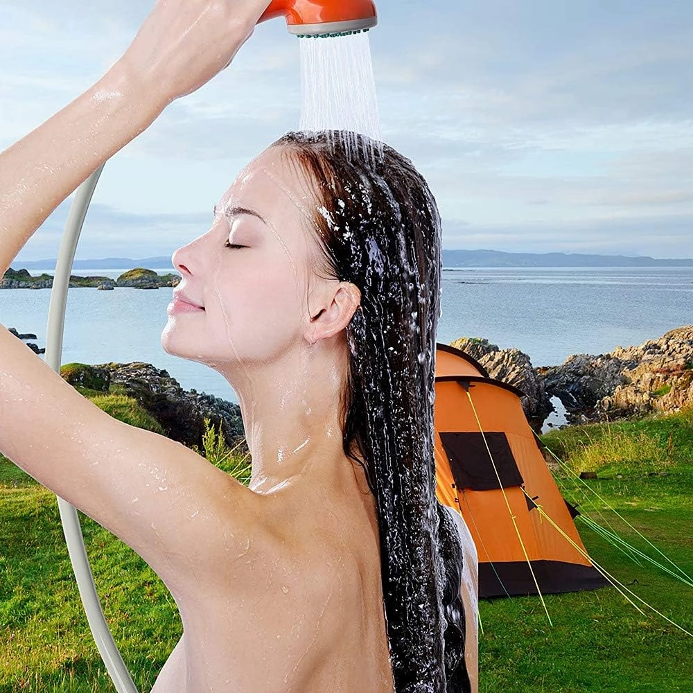 Outdoor Camping Shower Pump USB able Shower Head with Folding Bucket for Camping Hiking Traveling