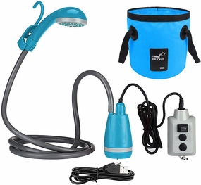 Outdoor Camping Shower Pump USB able Shower Head with Folding Bucket for Camping Hiking Traveling