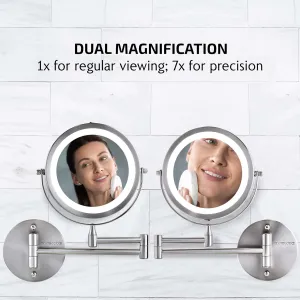 OVENTE 6.8" Lighted Wall Mount Makeup Mirror, 1X & 7X Magnifier, Adjustable Double Sided Round LED, Extend, Retractable & Folding Arm, Compact & Cordless, Battery Powered Polished Chrome MFW70CH1X7X