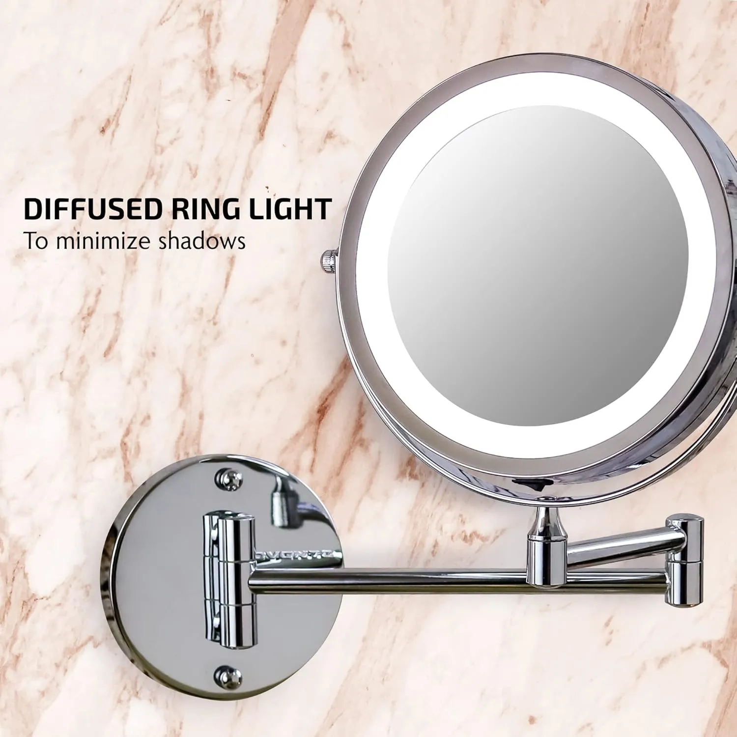 OVENTE 6.8" Lighted Wall Mount Makeup Mirror, 1X & 7X Magnifier, Adjustable Double Sided Round LED, Extend, Retractable & Folding Arm, Compact & Cordless, Battery Powered Polished Chrome MFW70CH1X7X