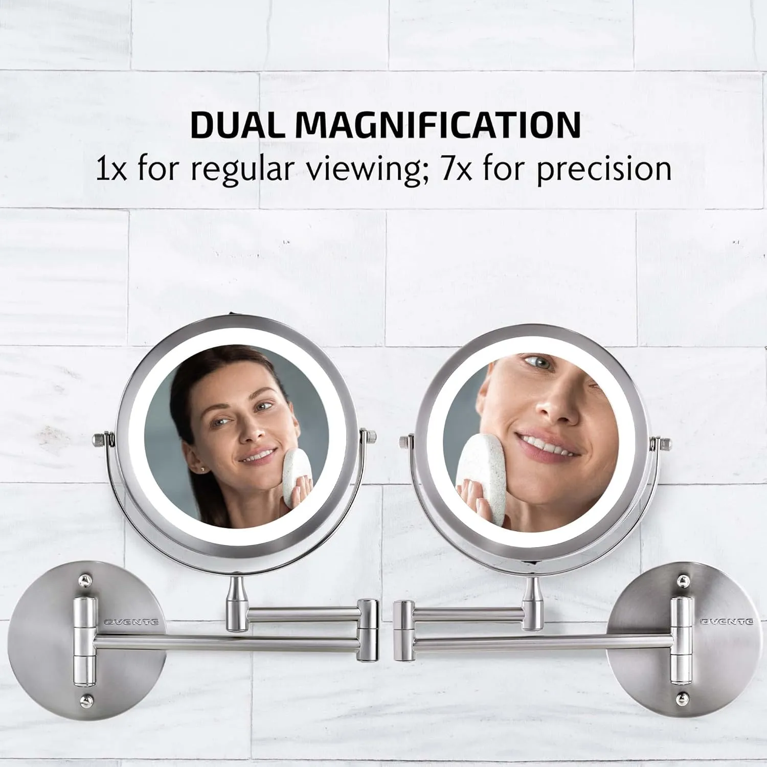 OVENTE 6.8" Lighted Wall Mount Makeup Mirror, 1X & 7X Magnifier, Adjustable Double Sided Round LED, Extend, Retractable & Folding Arm, Compact & Cordless, Battery Powered Polished Chrome MFW70CH1X7X