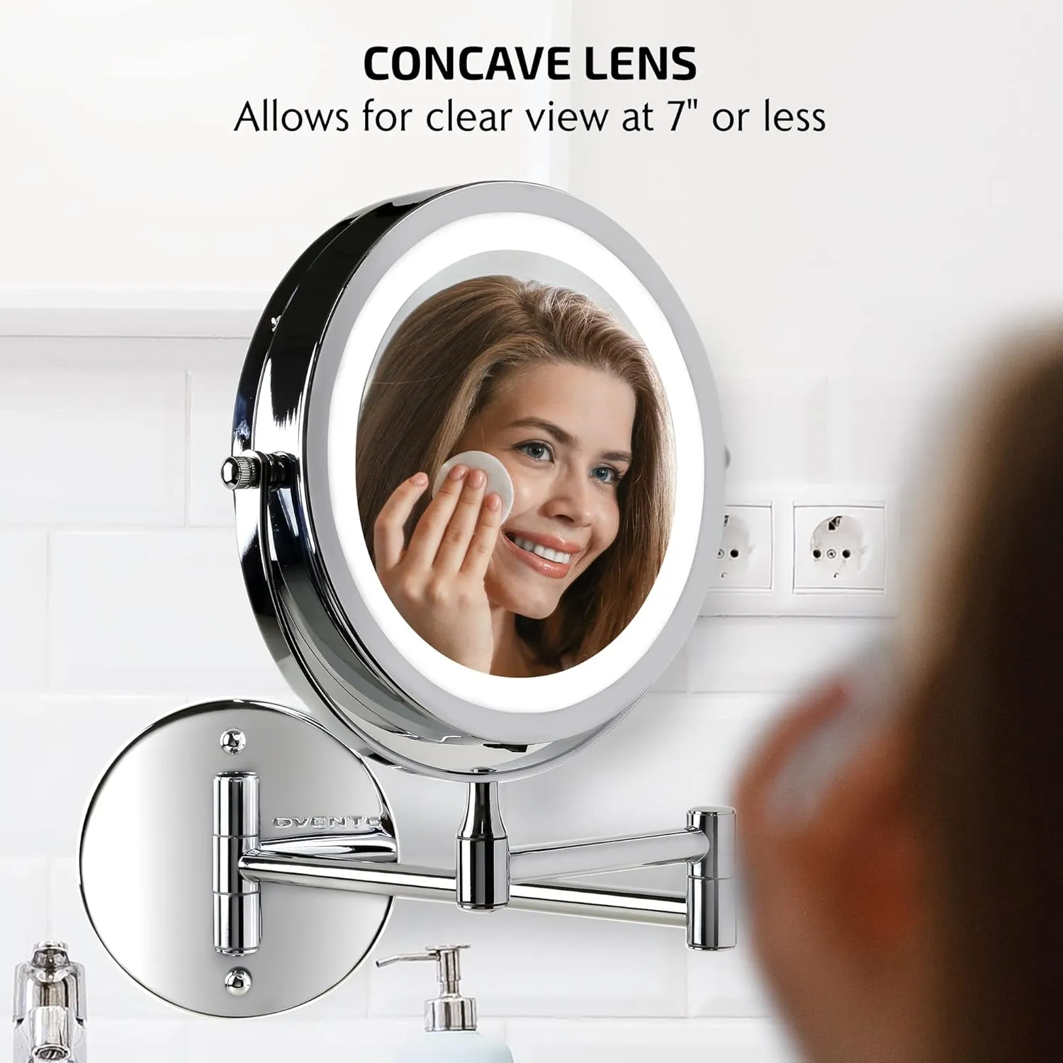 OVENTE 6.8" Lighted Wall Mount Makeup Mirror, 1X & 7X Magnifier, Adjustable Double Sided Round LED, Extend, Retractable & Folding Arm, Compact & Cordless, Battery Powered Polished Chrome MFW70CH1X7X
