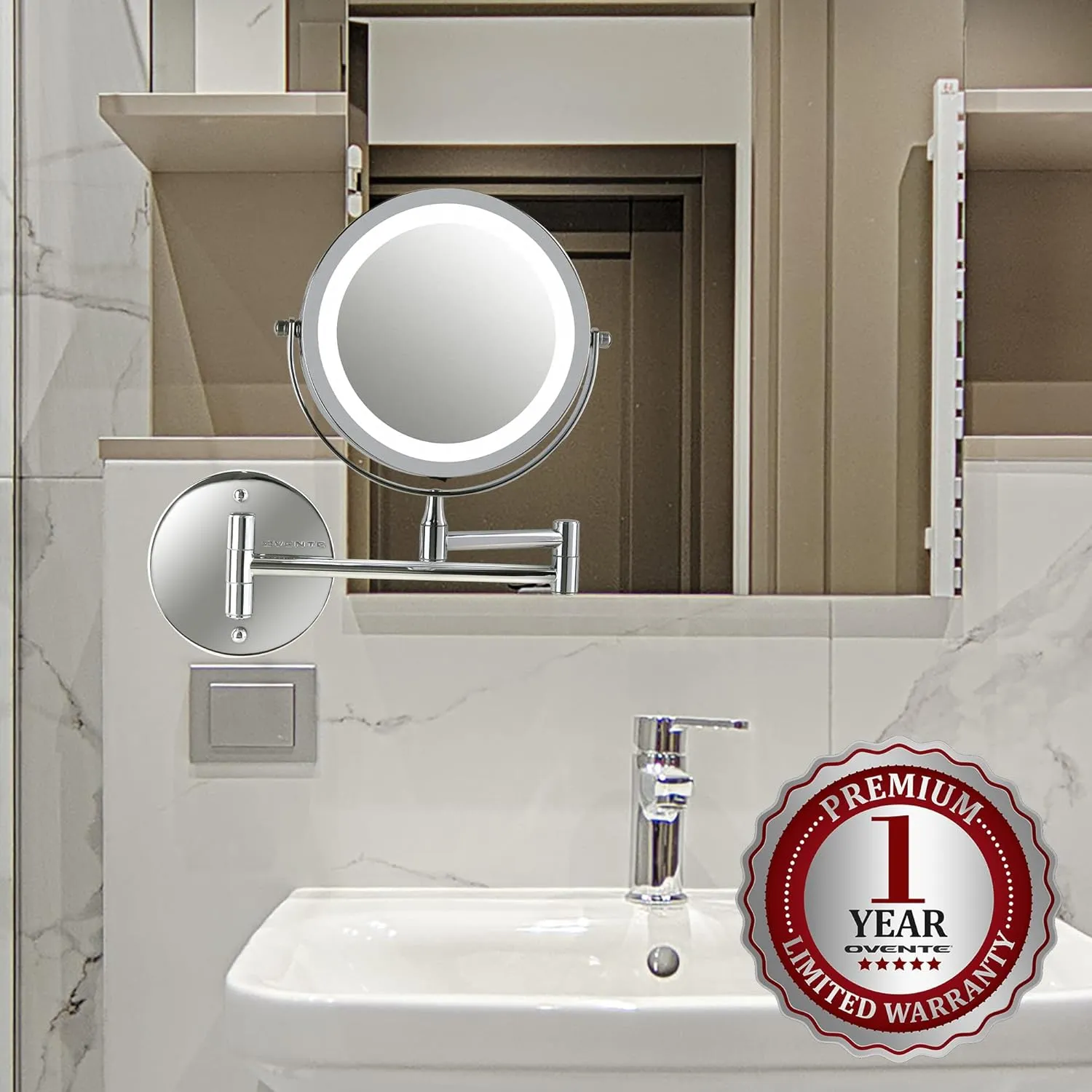 OVENTE 6.8" Lighted Wall Mount Makeup Mirror, 1X & 7X Magnifier, Adjustable Double Sided Round LED, Extend, Retractable & Folding Arm, Compact & Cordless, Battery Powered Polished Chrome MFW70CH1X7X