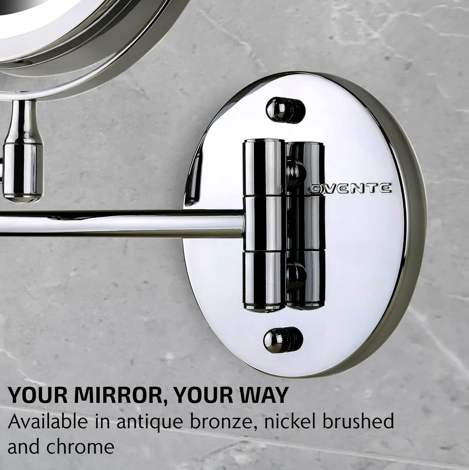 OVENTE 6.8" Lighted Wall Mount Makeup Mirror, 1X & 7X Magnifier, Adjustable Double Sided Round LED, Extend, Retractable & Folding Arm, Compact & Cordless, Battery Powered Polished Chrome MFW70CH1X7X