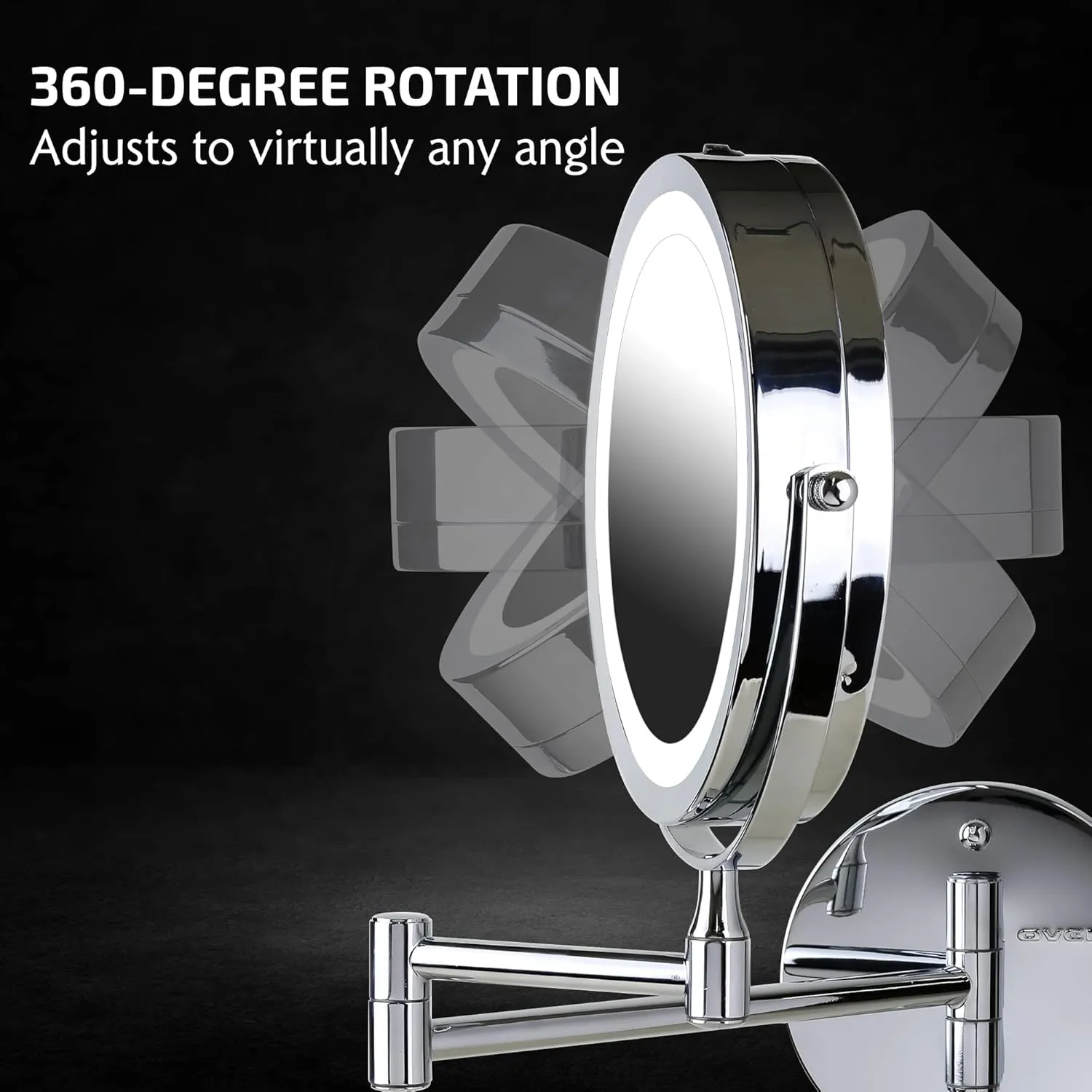 OVENTE 6.8" Lighted Wall Mount Makeup Mirror, 1X & 7X Magnifier, Adjustable Double Sided Round LED, Extend, Retractable & Folding Arm, Compact & Cordless, Battery Powered Polished Chrome MFW70CH1X7X