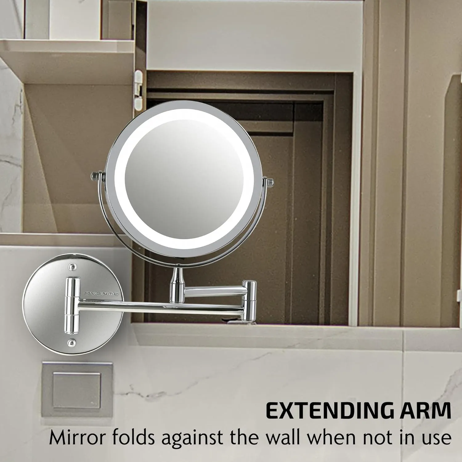 OVENTE 6.8" Lighted Wall Mount Makeup Mirror, 1X & 7X Magnifier, Adjustable Double Sided Round LED, Extend, Retractable & Folding Arm, Compact & Cordless, Battery Powered Polished Chrome MFW70CH1X7X