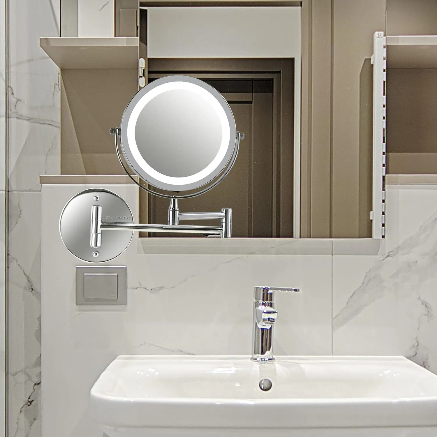 OVENTE 6.8" Lighted Wall Mount Makeup Mirror, 1X & 7X Magnifier, Adjustable Double Sided Round LED, Extend, Retractable & Folding Arm, Compact & Cordless, Battery Powered Polished Chrome MFW70CH1X7X