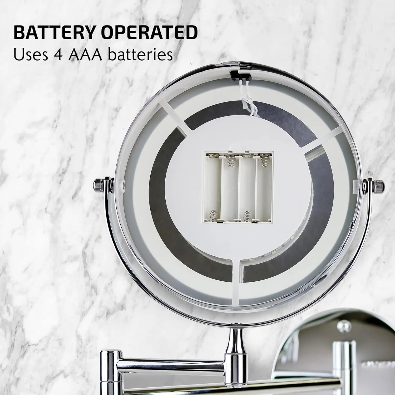 OVENTE 6.8" Lighted Wall Mount Makeup Mirror, 1X & 7X Magnifier, Adjustable Double Sided Round LED, Extend, Retractable & Folding Arm, Compact & Cordless, Battery Powered Polished Chrome MFW70CH1X7X