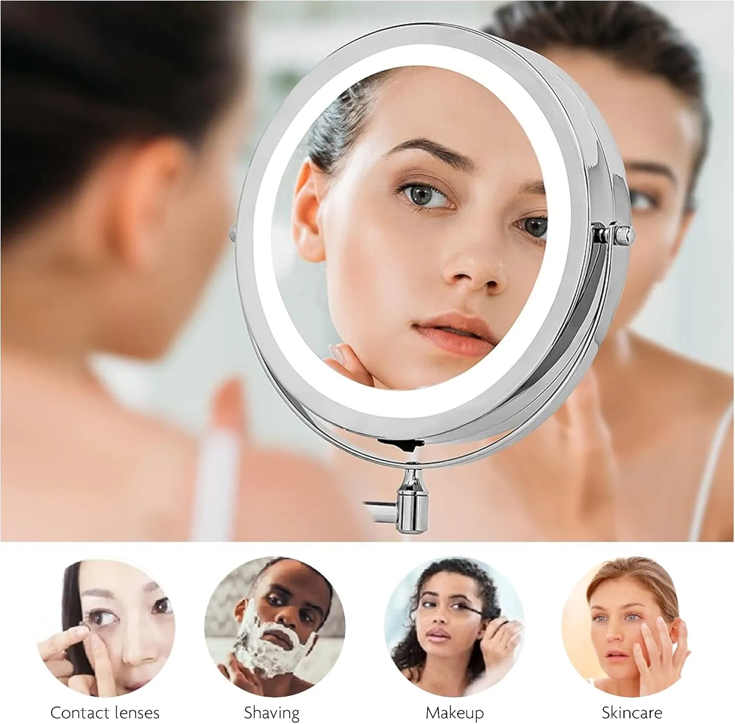 OVENTE 6.8" Lighted Wall Mount Makeup Mirror, 1X & 7X Magnifier, Adjustable Double Sided Round LED, Extend, Retractable & Folding Arm, Compact & Cordless, Battery Powered Polished Chrome MFW70CH1X7X