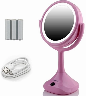 OVENTE 6" Lighted Tabletop Makeup Mirror, 1X & 5X Magnifier, Adjustable Double Sided Round LED, Battery & USB Plug Powered, Ideal for Cubicle or Vanity, Compact for Travel, Baby Pink