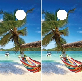 Pair of Cornhole Board Wraps - Beach Hammock Over The Ocean - Laminated - Weatherproof and Waterproof - Easy to Apply