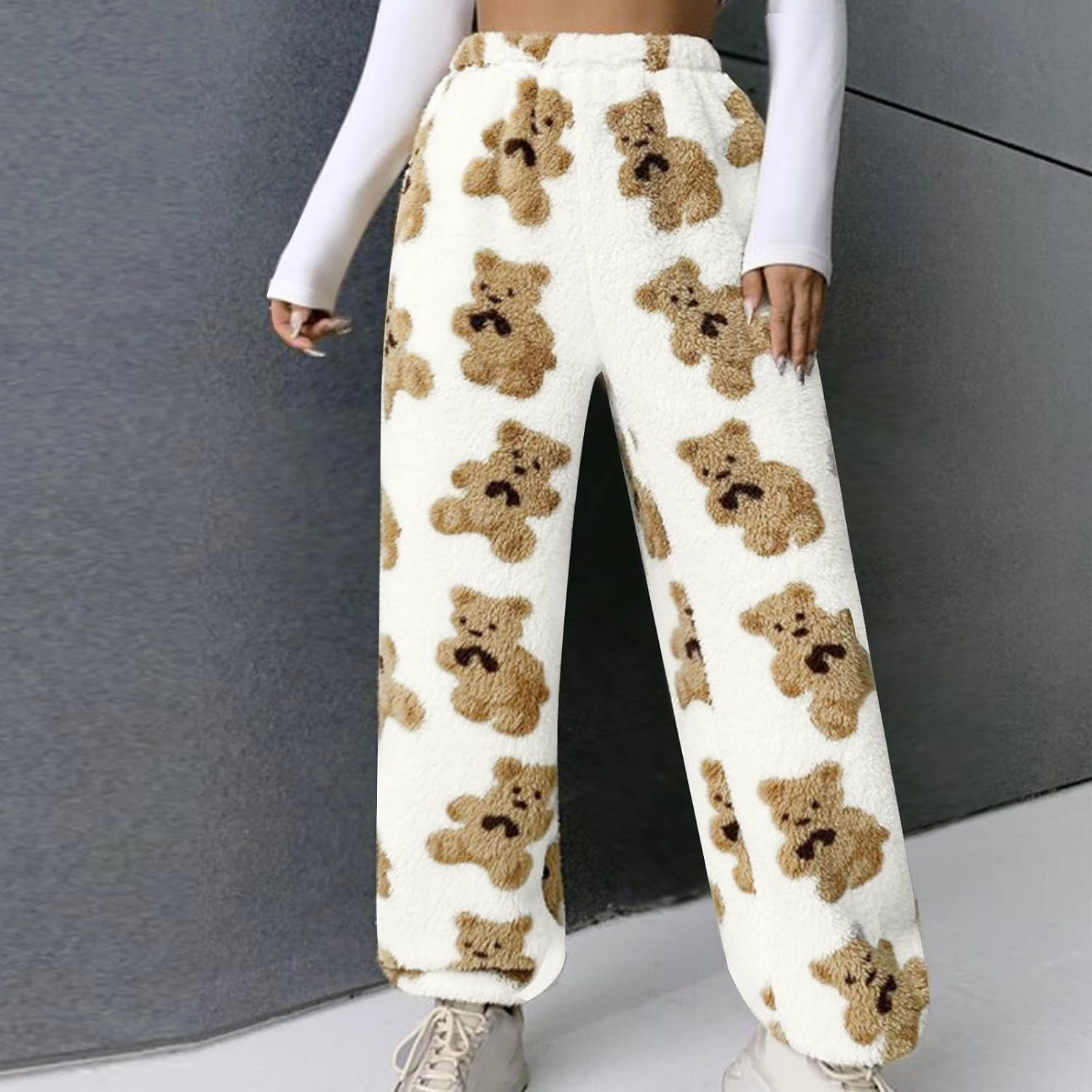 Pajama Pants Women Fuzzy Cartoon Cute Bear Print Pajamas Pants Womens Plush Winter Fluffy Pjs Bottoms Pants