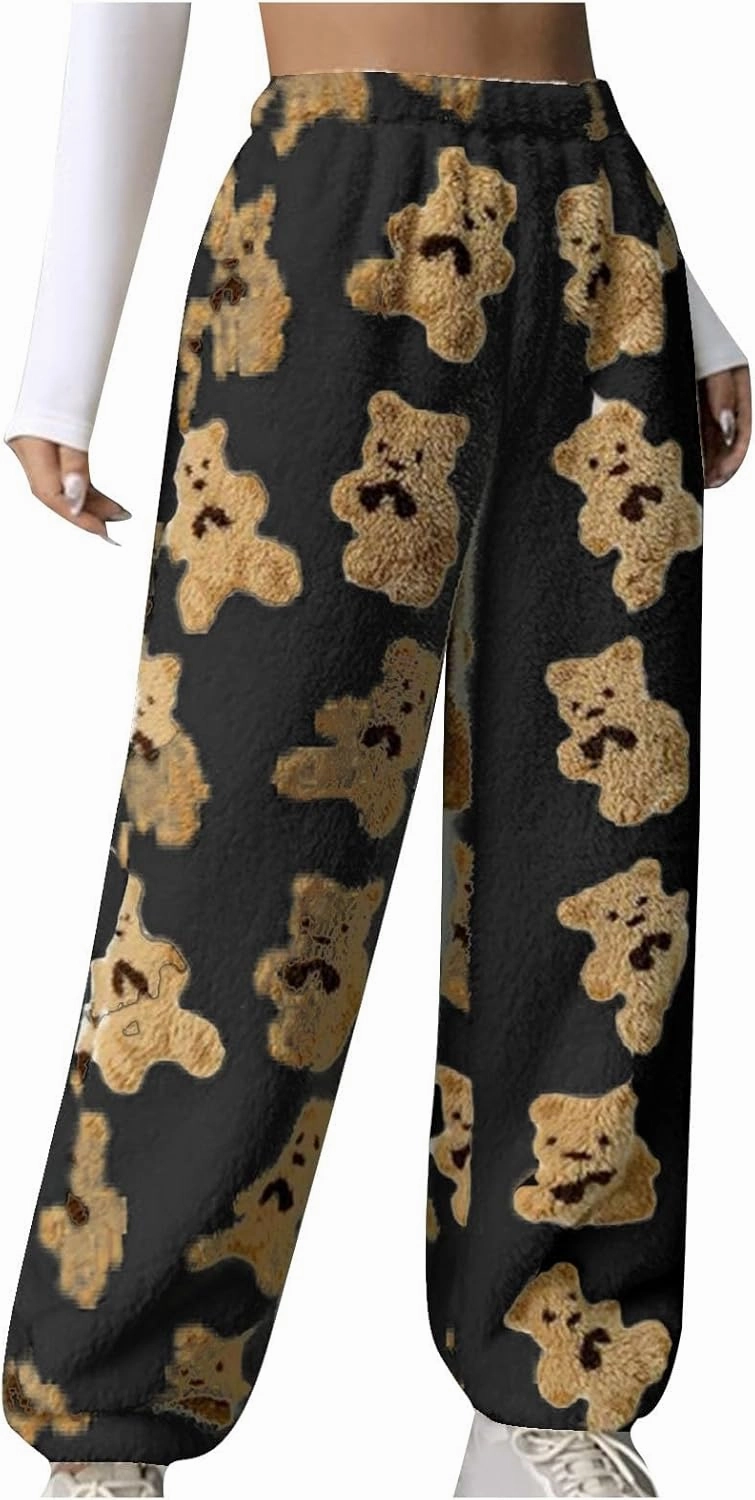 Pajama Pants Women Fuzzy Cartoon Cute Bear Print Pajamas Pants Womens Plush Winter Fluffy Pjs Bottoms Pants