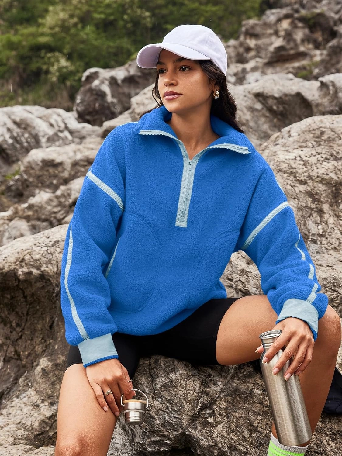 Panadila Womens Half Zip Sherpa Fleece Pullover Soft Oversized Sweatshirt with Pockets Warm Fuzzy Sweater