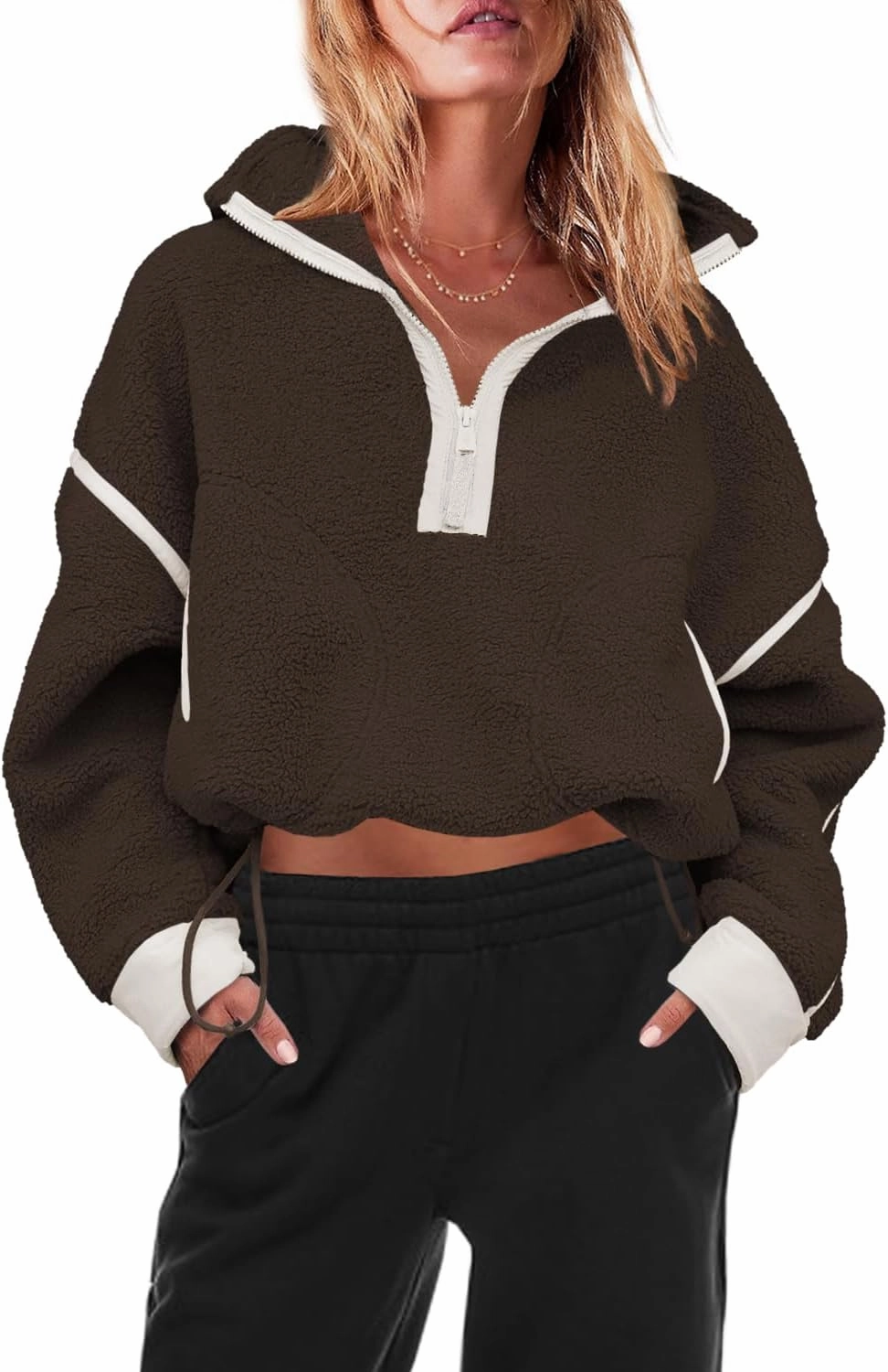 Panadila Womens Half Zip Sherpa Fleece Pullover Soft Oversized Sweatshirt with Pockets Warm Fuzzy Sweater