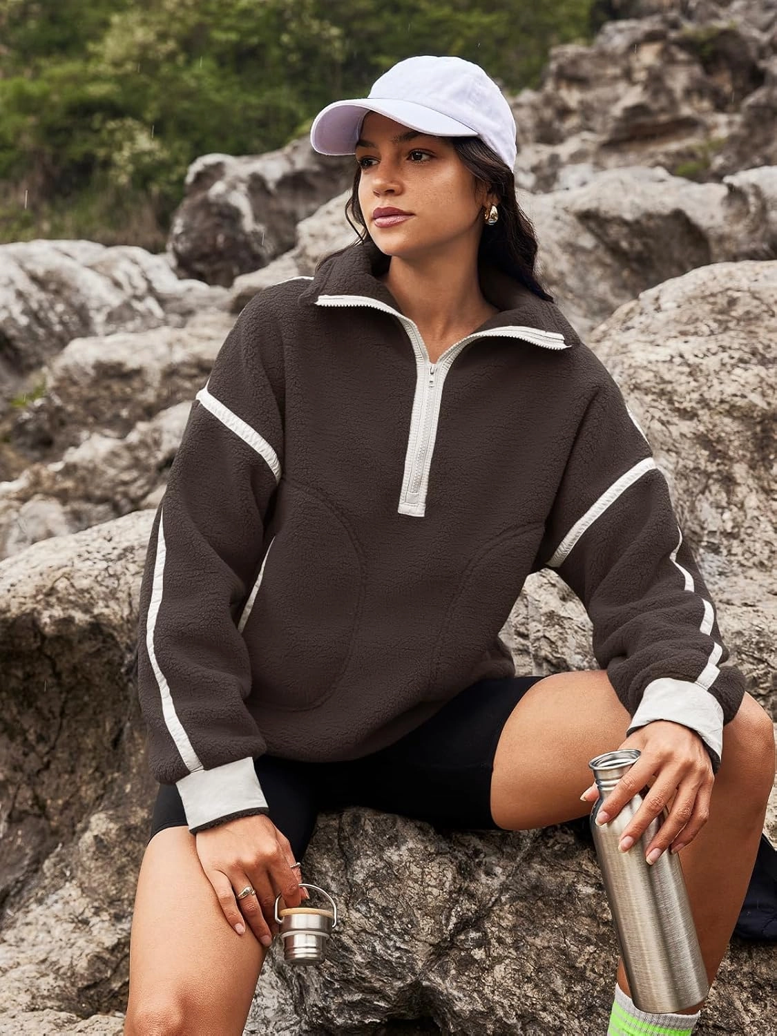 Panadila Womens Half Zip Sherpa Fleece Pullover Soft Oversized Sweatshirt with Pockets Warm Fuzzy Sweater