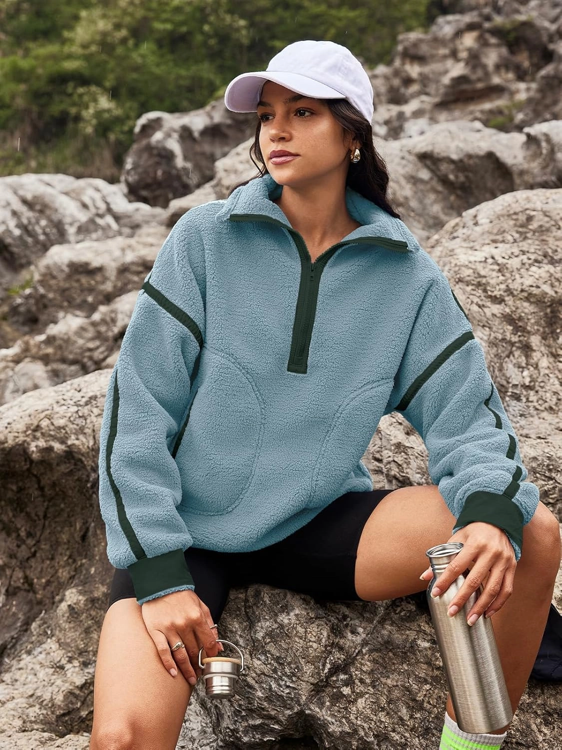 Panadila Womens Half Zip Sherpa Fleece Pullover Soft Oversized Sweatshirt with Pockets Warm Fuzzy Sweater