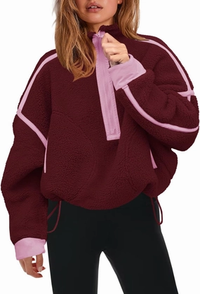Panadila Womens Half Zip Sherpa Fleece Pullover Soft Oversized Sweatshirt with Pockets Warm Fuzzy Sweater