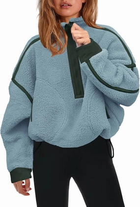 Panadila Womens Half Zip Sherpa Fleece Pullover Soft Oversized Sweatshirt with Pockets Warm Fuzzy Sweater
