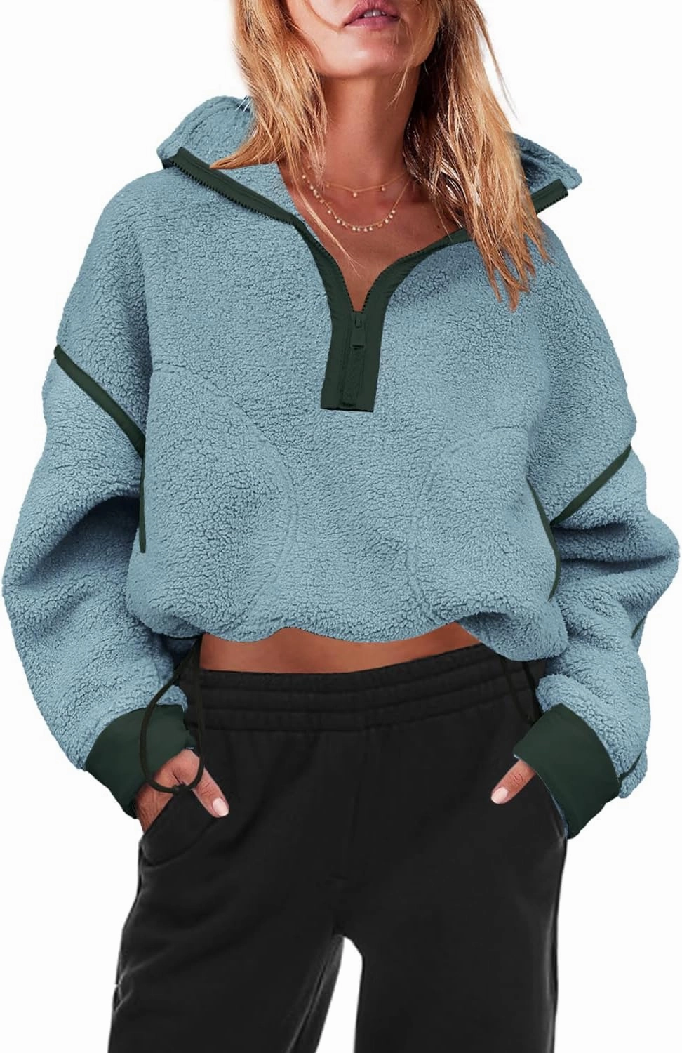 Panadila Womens Half Zip Sherpa Fleece Pullover Soft Oversized Sweatshirt with Pockets Warm Fuzzy Sweater