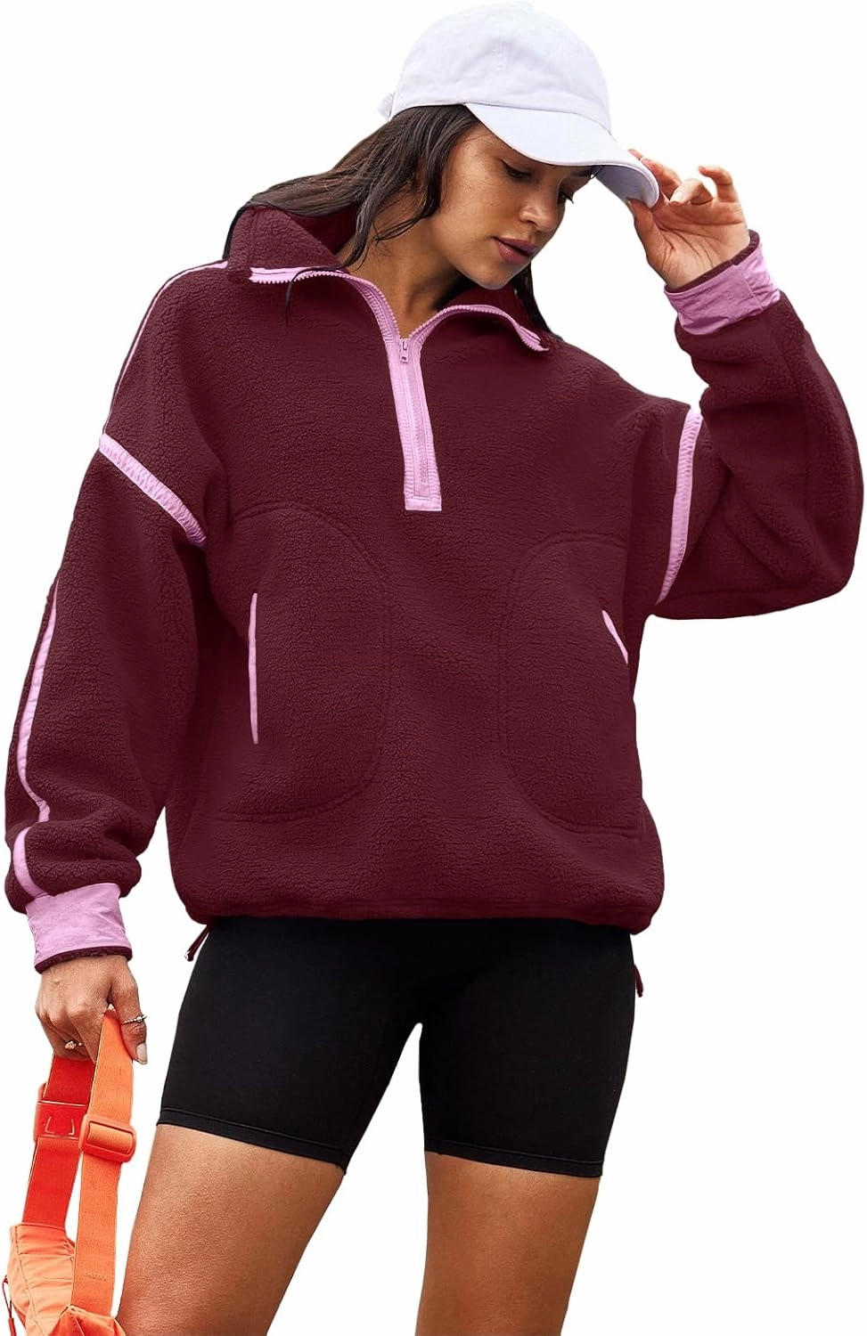 Panadila Womens Half Zip Sherpa Fleece Pullover Soft Oversized Sweatshirt with Pockets Warm Fuzzy Sweater